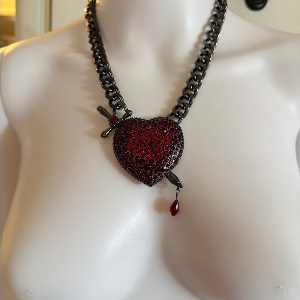 Betsey Johnson Valentines Bleeding Red Heart and Dagger Necklace  NWT